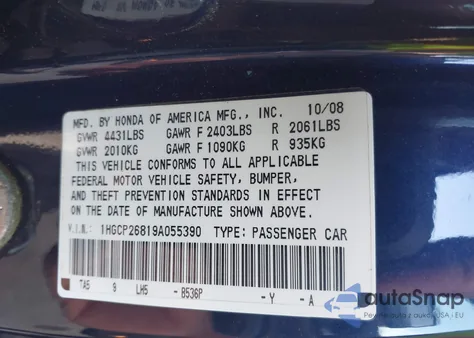 2009 Honda Accord 2.4 Ex-L from USA, damaged, VIN 1HGCP26819A055390